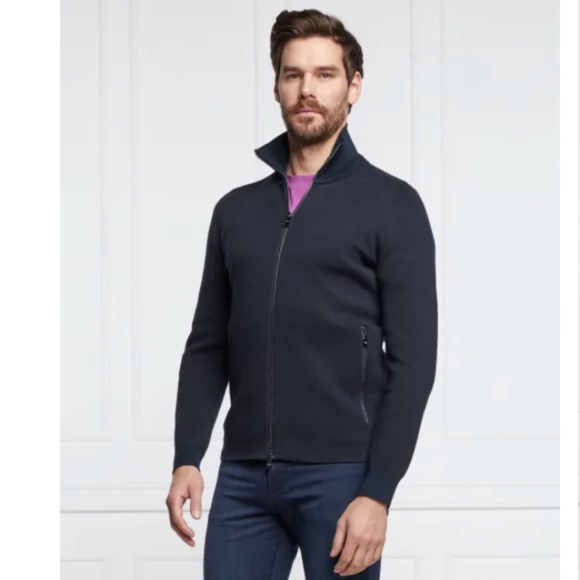 HUGO BOSS Men's Navy Urient Fit Zip-up Knitted Jacket Size X-Large 100% Cotton - Picture 3 of 16